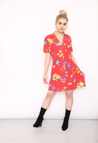 VINTAGE 90S RED FLORAL PRINT MINI DRESS