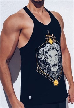 Racerback mens lion print black gym vest stringer