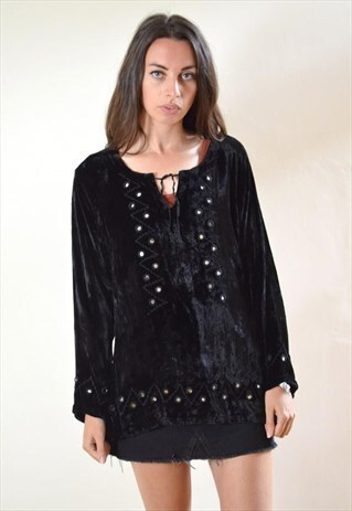 1990S VINTAGE BLACK VELVET LONG SLEEVE BOHEMIAN TOP
