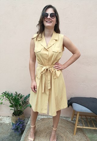 VINTAGE 90S MIDI BELTED BUTTON UP LINEN SKATER DRESS