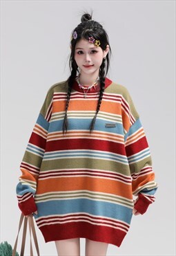 Horizontal stripe sweater knitted retro pattern jumper red