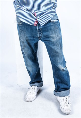 VINTAGE LEVI'S 501 JEANS IN BLUE DENIM WITH RIPS PAINT MARKS