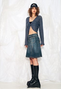 Vintage Denim Skirt Y2K Pleated Rave Midi in Blue