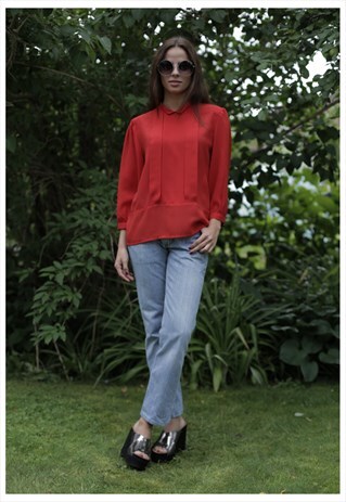 VINTAGE 70'S RED PLEATED FRONT PUFF SLEEVES BLOUSE