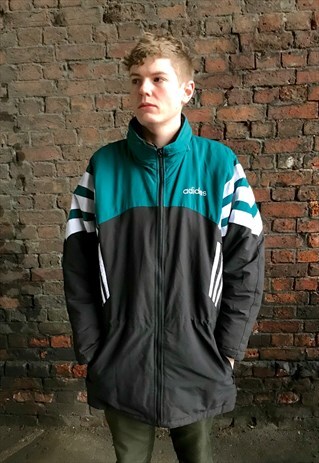 VINTAGE ADIDAS RARE FOOTBALL MANAGER BLACK GREEN COAT