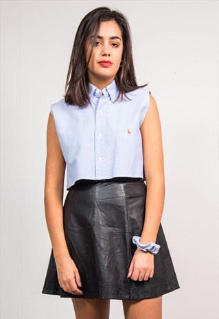 VINTAGE REWORKED RALPH LAUREN CROPPED SLEEVELESS BLUE SHIRT