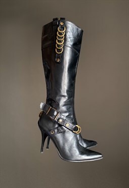Vintage Y2K 00s real leather high heel knee boots in black