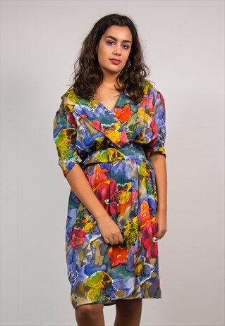 VINTAGE 90'S BRIGHT FLORAL PATTERN SUMMER MIDI DRESS