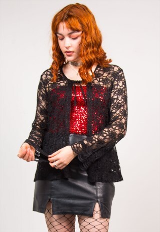 VINTAGE 90'S BLACK FLORAL LACE MESH OPEN BLOUSE TOP