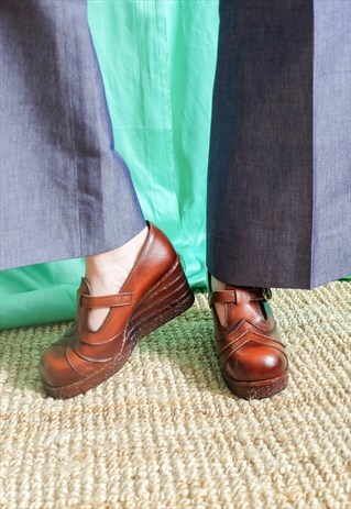 VINTAGE 70S BROWN LEATHER PLATFORM SHOES LOAFERS