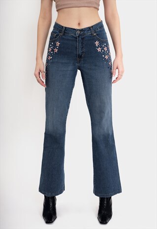 Straight Jeans with Pink Flower Details