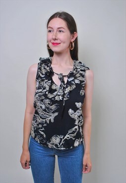 Black ruffle blouse, vintage sleeveless blouse, Size M
