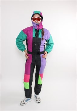 80s one piece ski suit, vintage multicolour snowsuit, retro 