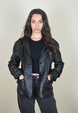 90s Vintage Black Leather Blazer Jacket