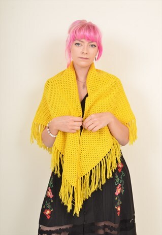 VINTAGE CROCHET KNIT WOVEN TASSEL SHAWL SCARF YELLOW