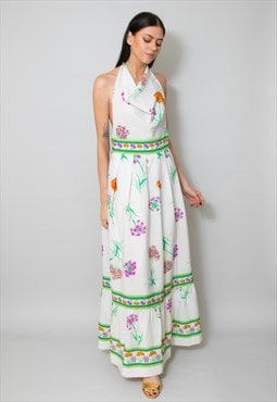 70's Vintage Halter Neck Cream Prairie Floral Maxi Dress 