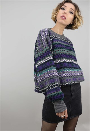 VINTAGE 80S 90S OVERSIZED PATTERNED KNIT JUMPER