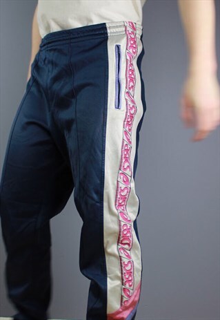 VINTAGE ASICS JOGGERS IN NAVY WITH LOGO TAPING