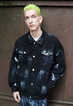 Dirty wash denim jacket paint splatter jean coat in black