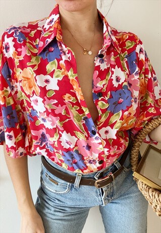 VINTAGE 80S HAUTE BOHEME ABSTRACT FLORAL PRINT BLOUSE TOP
