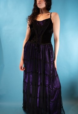 Vintage Y2K Size M Gothic Tulle Maxi Dress in Black & Purple