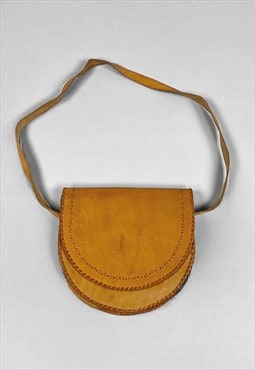 70's Vintage Brown Tan Leather Tooled Saddle Shoulder Bag 
