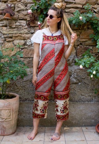 INDIAN PRINT SILK TIE DUNGAREE JUMPSUIT