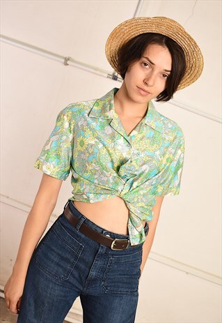 70'S RETRO FLORAL FESTIVAL PARIS CHIC BLOUSE TOP