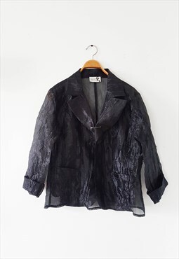 1990s Y2K Vintage Sheer Black Shirt, Made in France Tulle