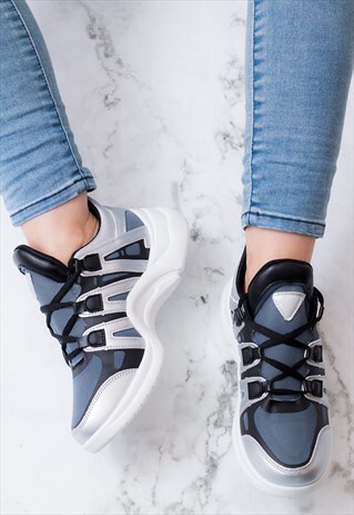 FLYIN CHUNKY SOLE SPORTS TRAINERS - SILVER LEATHER STYLE