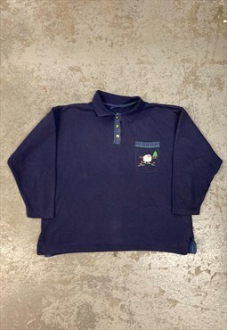 Vintage 90s Sweatshirt Embroidered Sheep Blue Cottagecore