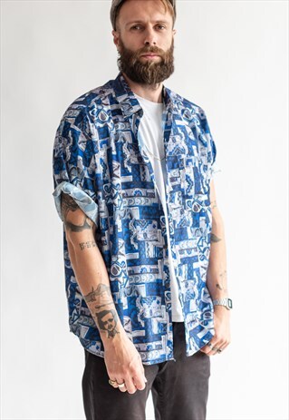 VINTAGE 80S PATTERNED FESTIVAL SHIRT IN BLUE