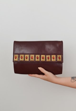 VINTAGE BRACCIALINI LEATHER SHOULDER BAG MAROON EMBELLISHED