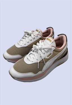 Beige White Fabric Mesh Low Chunky Retro Look Trainers