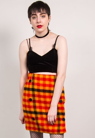 VINTAGE 90'S ORANGE TARTAN CHECK PENCIL SKIRT