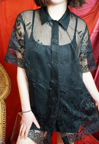 VINTAGE Y2K 90'S BLACK LACE OVER SIZE SHIRT