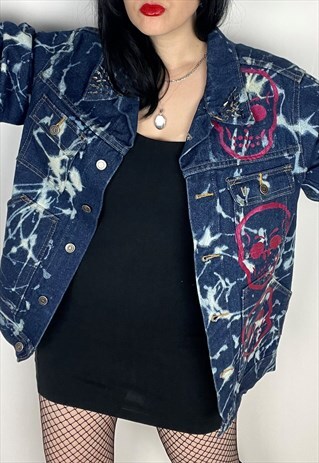PINK - REWORKED SKULL HAND PAINTED STUDDED DENIM JACKET