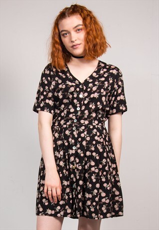 90'S VINTAGE BLACK FLORAL PATTERN CUTE SUMMER MINI DRESS