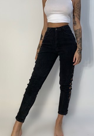 BLACK CRISS CROSS LATICE DETAIL SKINNY JEANS