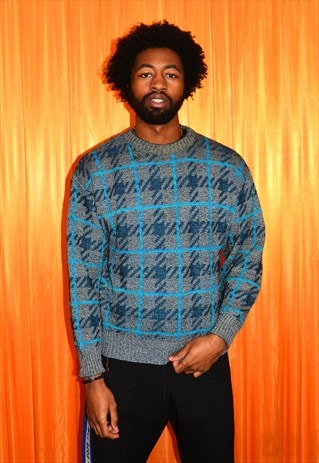 VINTAGE 90S JUMPER BLUE GREY CHECKERED GEOMETRIC KNITTED