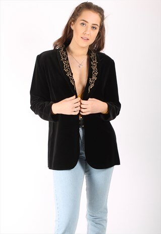 VINTAGE 80S VELVET BLAZER JACKET WITH GOLD EMBROIDERY