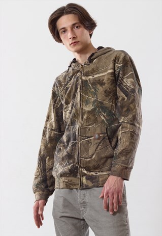 VINTAGE MENS CARHARTT HUNTING CAMO FULL ZIP HOODIE JACKET