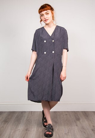 90'S VINTAGE NAVY BLUE POLKA DOT PATTERN MIDI DRESS