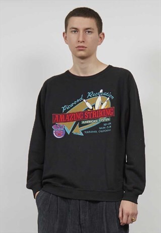 VINTAGE 80'S BLACK BOWLING MOTIF SWEATSHIRT