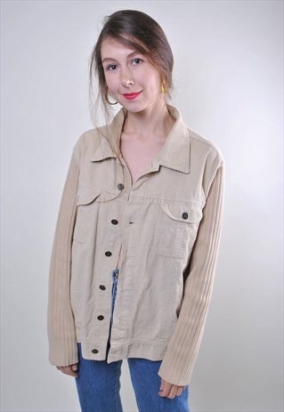 WOMAN RETRO BEIGE BUTTONS CORDUROY JACKET, SIZE XXL