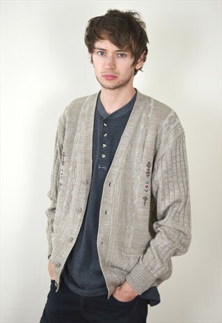 90S VINTAGE BROWN PATTERN BUTTON UP CARDIGAN