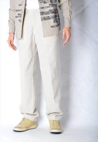 VINTAGE 80S BEIGE STRIPED WOOL LINEN BLEND PANTS