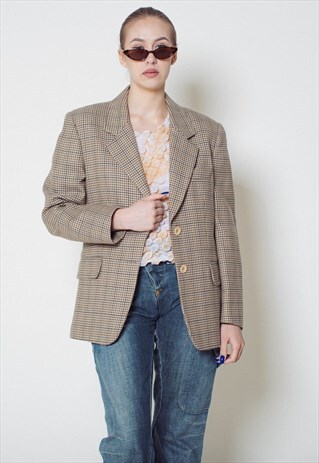 VINTAGE 90S CHECKERED V-NECK CREAM WOOL WOMEN BLAZER