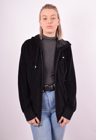ELLESSE WOMENS VINTAGE VELVET HOODIE JACKET XL BLACK 90S