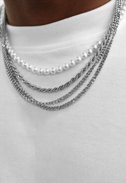 54 Floral Layered Snake Pearl Curb Necklace Chain - Silver